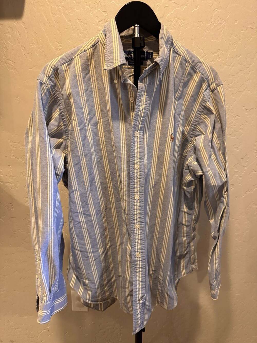 Ralph Lauren Men's Long Sleeve Button-Down Shirt Blue and Yellow Striped Cotton